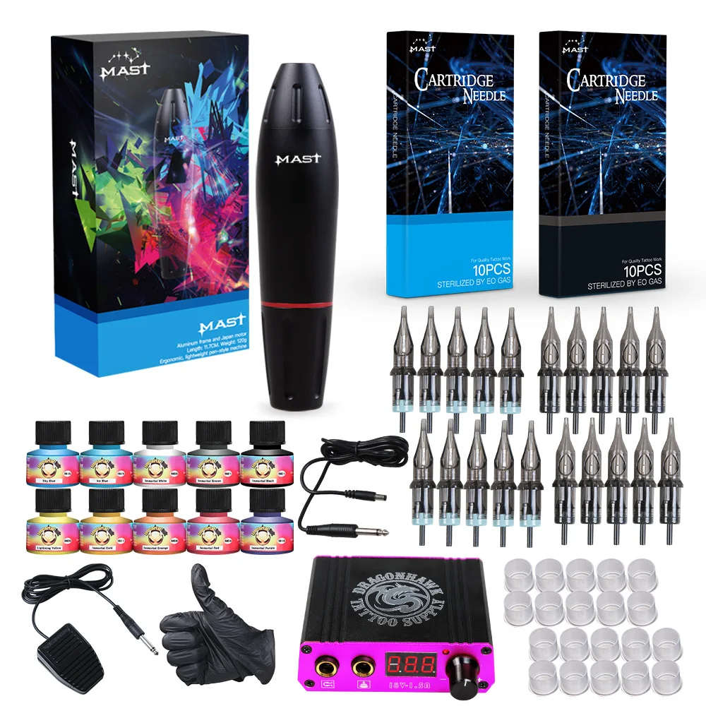 Professional Tattoo Kits Rotary Tattoo Pen Machine Guns Permanent Makeup Machine Color Inks Power Supply Cartridge Needles D3029