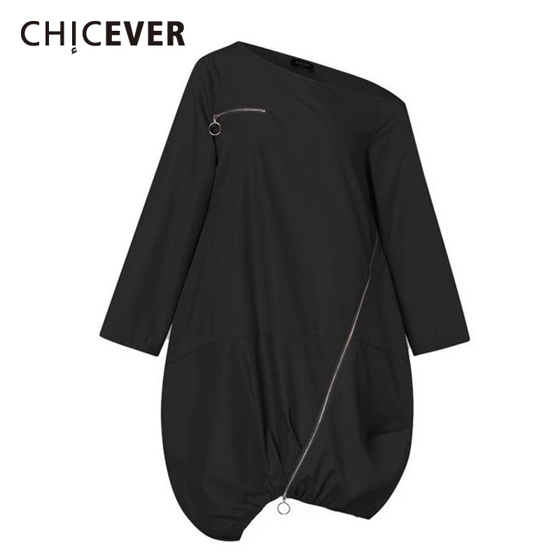 

CHICEVER повседневное корейское модное платье для женщин с круглым воротником и длинным рукавом, однотонные минималистичные мини-платья, женск...