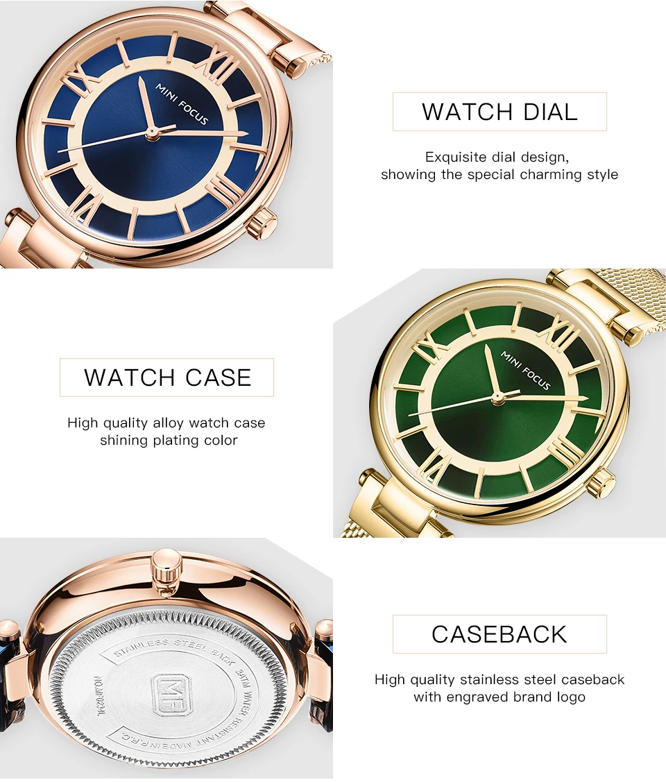 MINIFOCUS Элитный бренд Золотые женские часы Водонепроницаемый ультра тонкие
