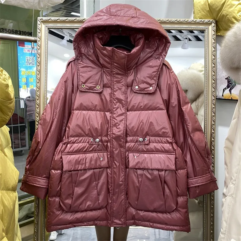 

Mid-length Hooded Drawstring Shiny Down Jacket Long Sleeve Women 90% White Duck Down Coat Winter Female Big Pocket Casual Parkas