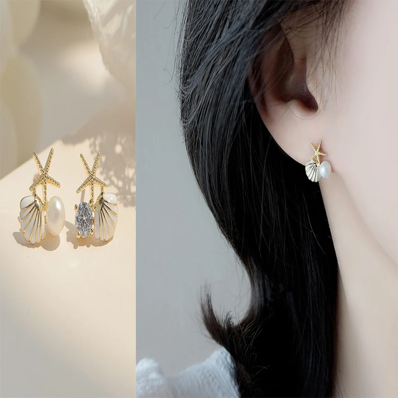 

2021 Trend New Beach Shell Starfish Pearl Drop Dangle Earrings for Women Micro Pave Zircon Beach Party Piercing Earring Gift