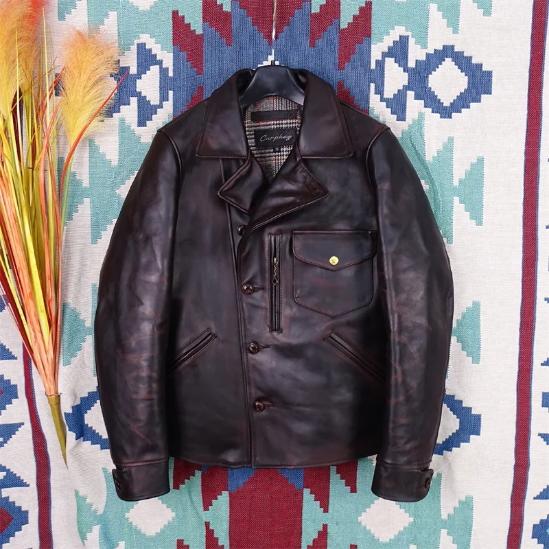 

Free shipping,Brand new.Us vintage style genuine leather coat.Men quality horsehide jacket.Brown tea core leather cloth.slim