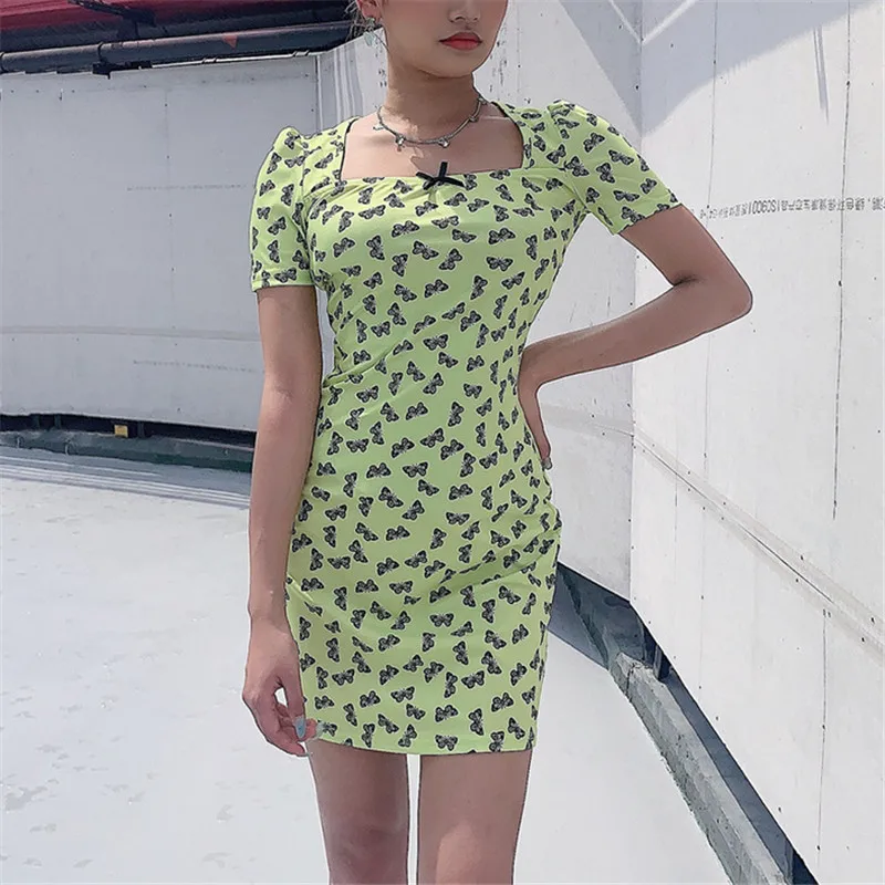 

Женское платье с цветочным принтом, квадратным вырезом и коротким рукавом, цельное женское облегающее Бандажное платье, 2020