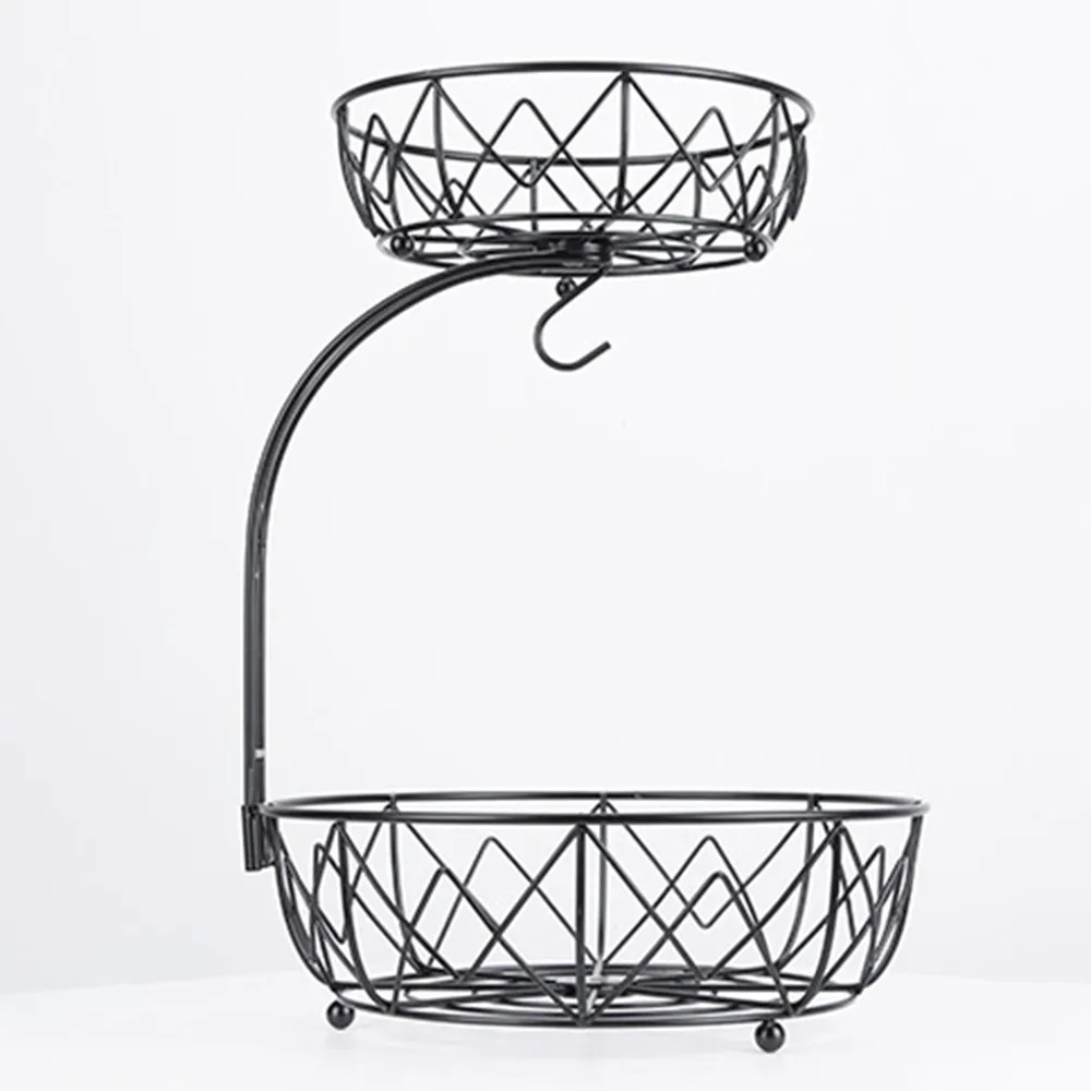 

Fruit Basket With Banana Hanger 2 Tier Vegetables Metal Rack Bowl Eggs Breads Storage Holder Kitchen Countertop Organizer