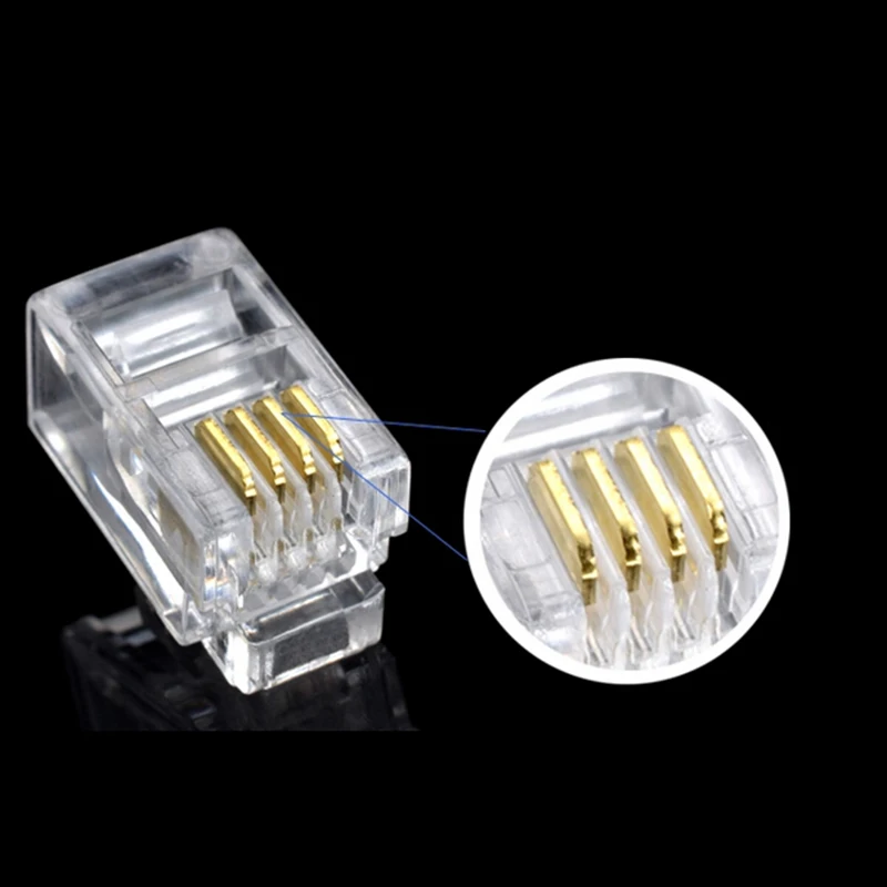 100Pcs Crystal Head RJ11 4P4C Modular Plug Gold Plated Brand New Network Connectors