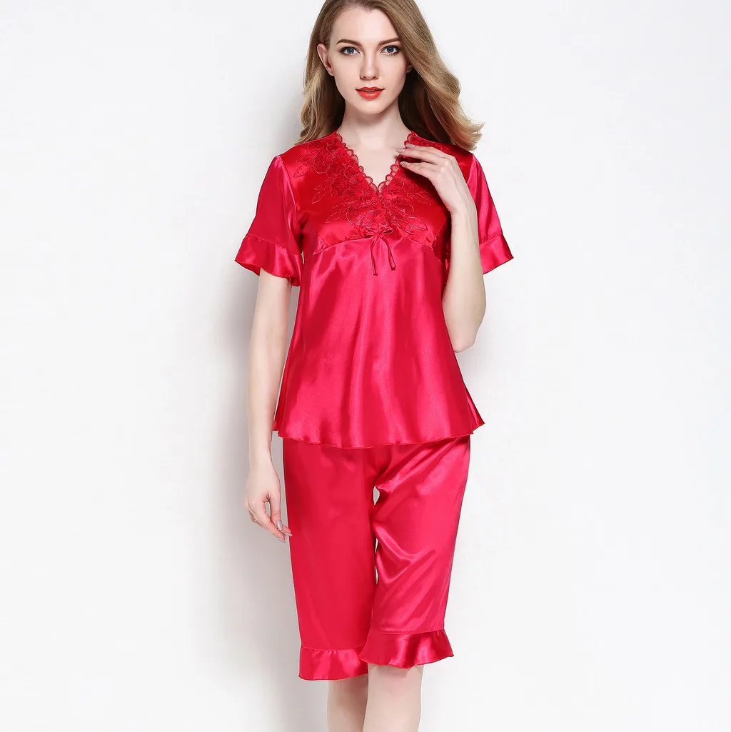 JAYCOSIN Hot Women Sleepwear Pyjama Sets Strap Lace Trim Satin Nightwear Femme Sexy Home Plus Size Short Sleeve | Женская одежда