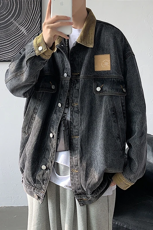 

Spring and Autumn Stitching Corduroy Collar Denim Jacket Trendy Ins Loose Korean Top All-Matching Work Clothes Jacket for Men