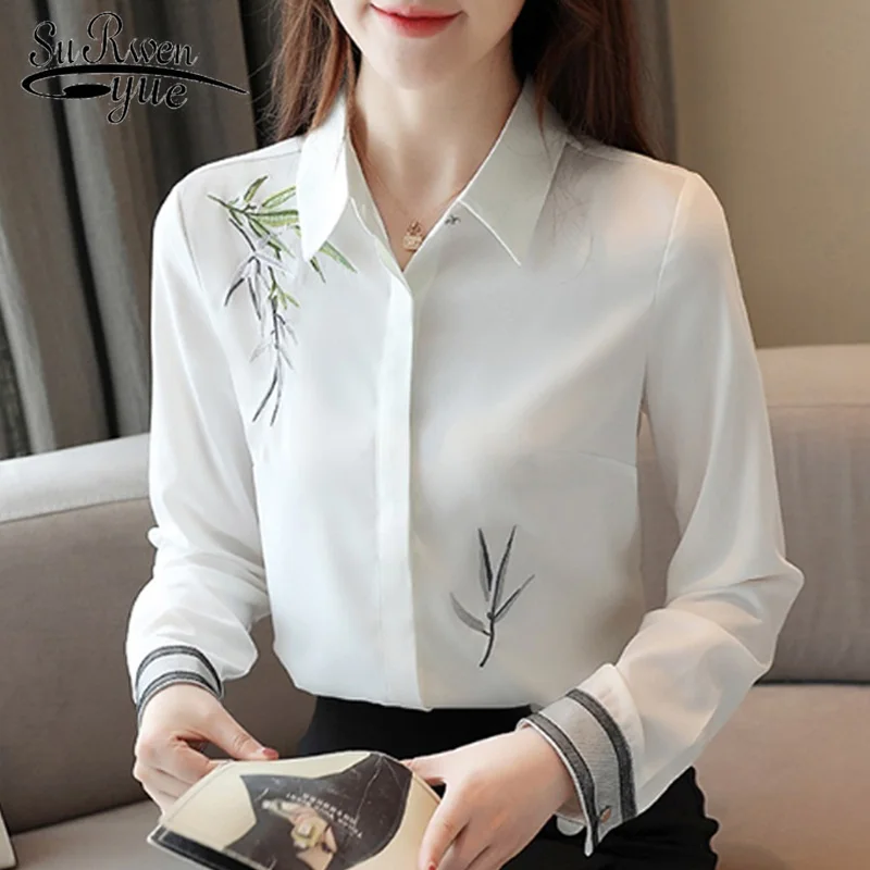 

Casual Autumn New Fashion Women Blouse Embroidery White Shirt Slim Long Sleeve Tops Loose Print Shirt Blusas Feminina 7092 50