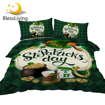 BlessLiving St. Patrick's Day Bedding Set Queen Size Shamrocks Comforter Cover Horseshoe Coin Bedclothes Beer Green Bedlinen Set 1