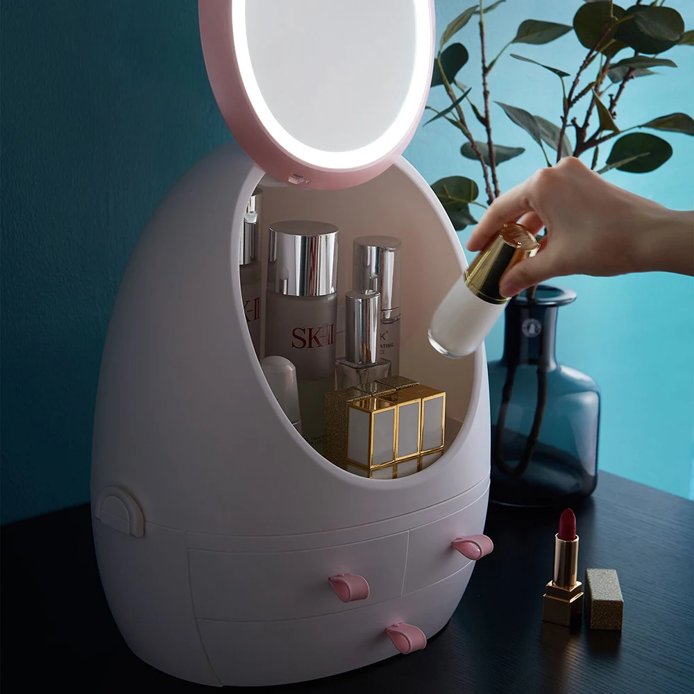 

2019HD LED Mirror Light Cosmetics Storage Box Dust Jewelry Box Drawer USB Rechargeable Portable Makeup Storage Box