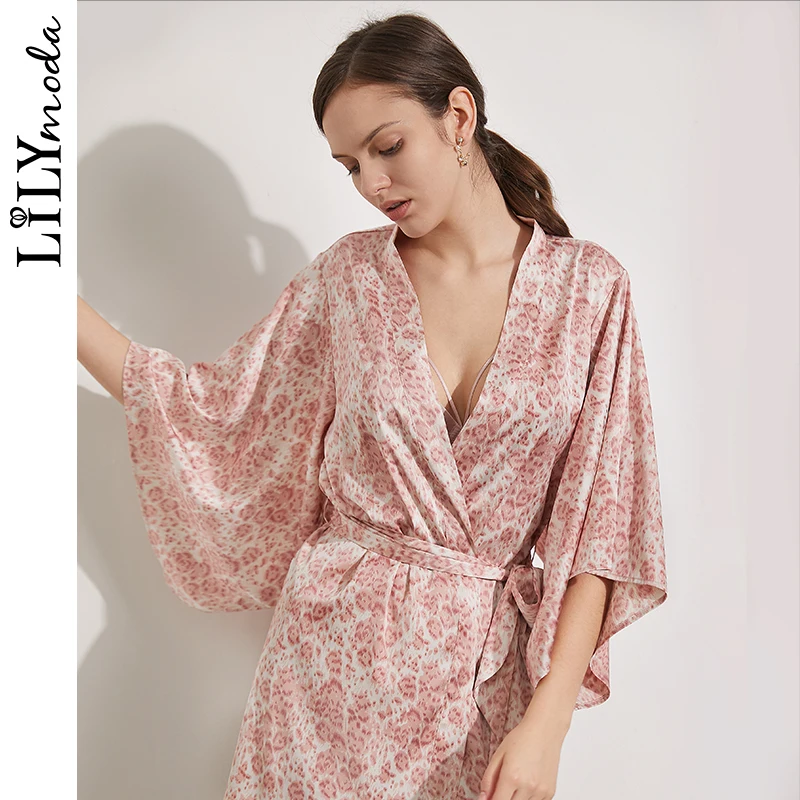 LILYMODA  2019 New Silk Kimono Robe Bathrobe Women Silk Bridesmaid Robes Sexy  Leopard Robes Satin Robe Ladies Dressing Gowns