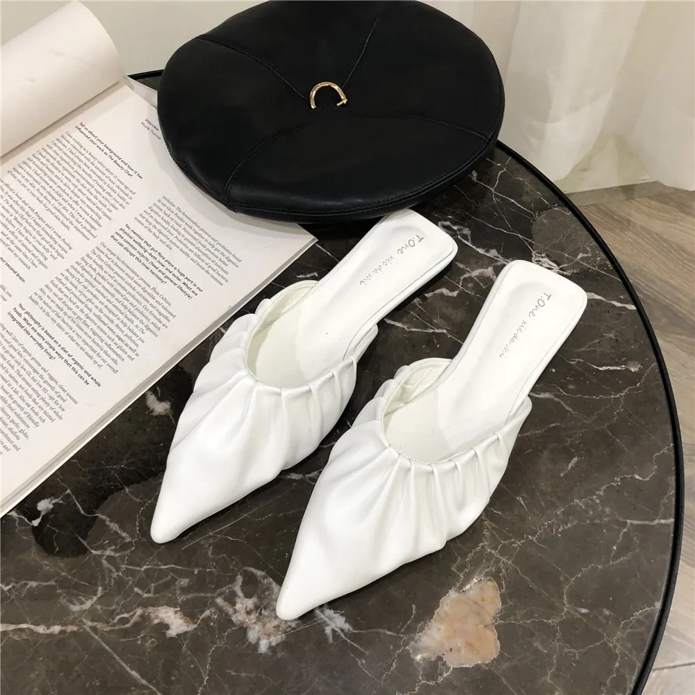 MOLAN Brand Designers 2020 Spring New Fashion Shallow Pleated Leather Point Shoes Flat Slippers Slip On Loafers Mules Flip Flops | Обувь