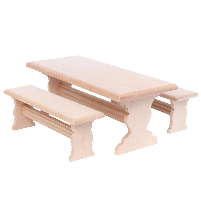 

New 1:12 Dollhouse Mini Wooden Long Dining Table and 2 Bench Set Furniture Parts