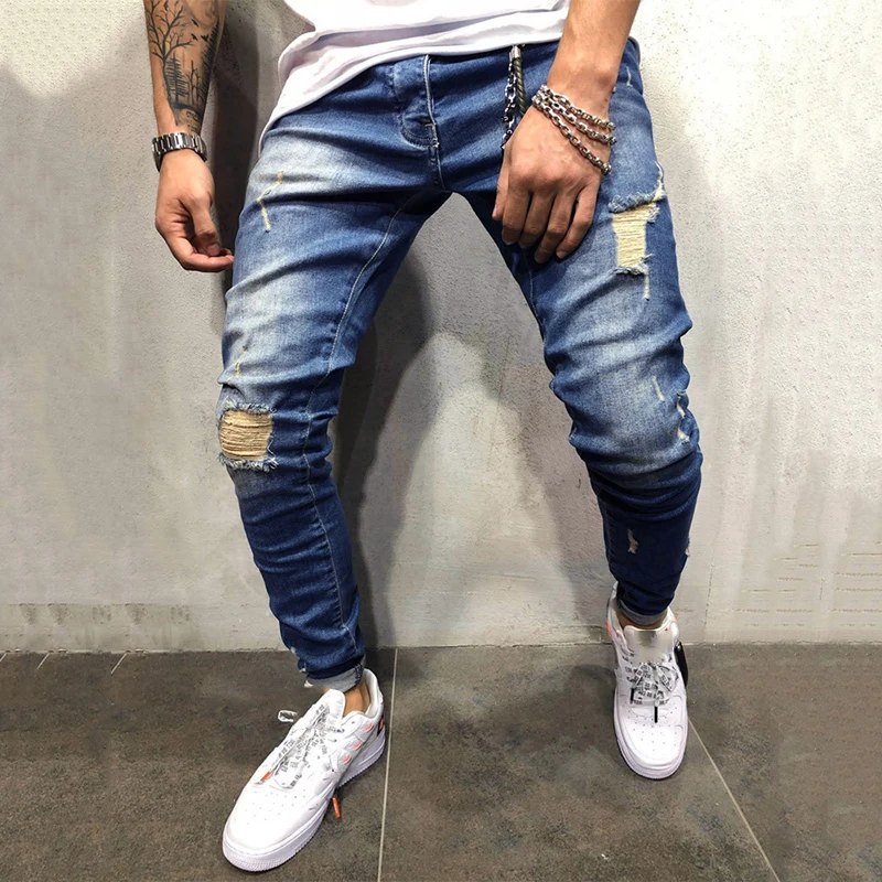 

Blue Ripped Jeans Sexy Hole Jeans Men Clothing Destoryed Jeans Slim Denim Pants Homme Fashion Casual Pants for Men