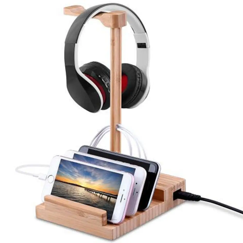 

Wooden Desktop 3 Ports Headset Hanger Storage Rack USB Charging Dock Station