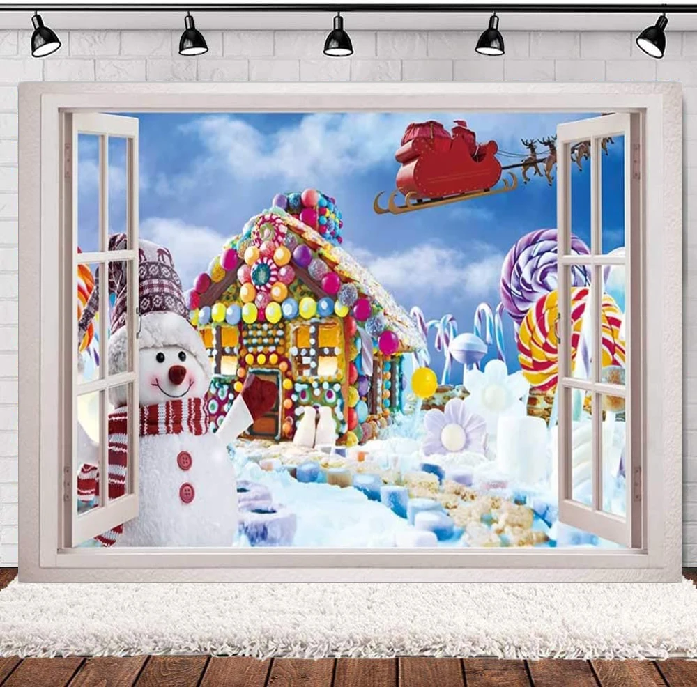 

Winter Christmas Window Photography Backdrop Gingerbread House Merry Xmas Candy Snowman Landspace Background Baby Kids Party