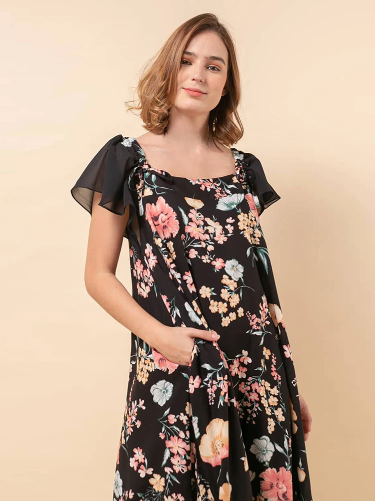 

Floral Print Knee-Length Dress Woman Ruffle Women'S Pajamas Short Sleeve Night Dress Women Sleepwear Casual Roomware Nightgowns