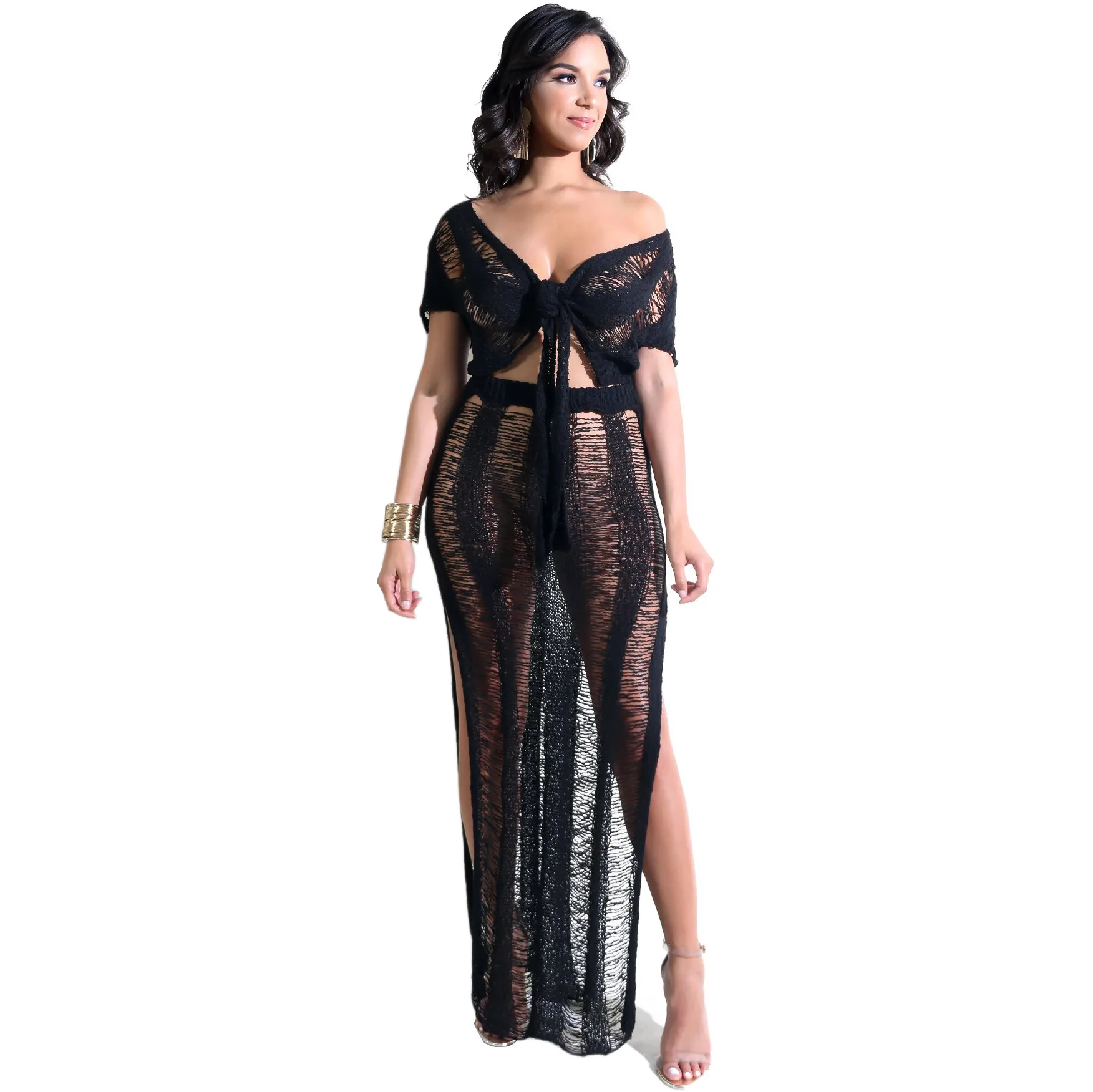 2020 Summer Sexy Club Outfits Women Two Piece Set Hollow Out Knitting Transparent Party Dress V-Neck Transformable Shirt |