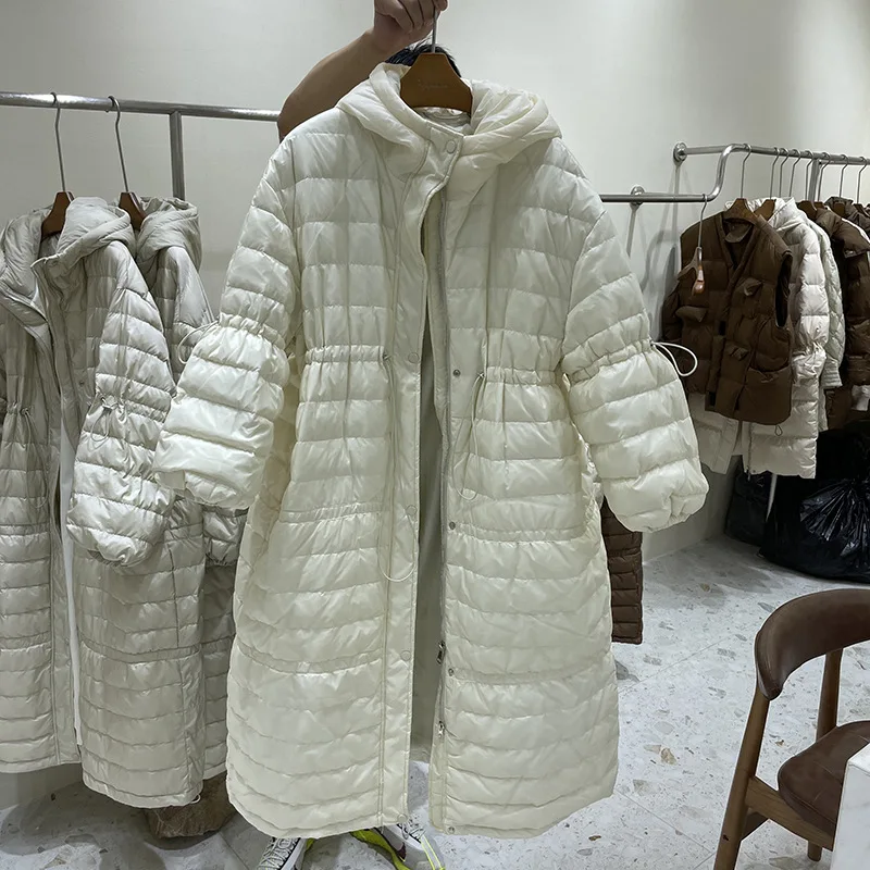 

Женское зимнее пальто на молнии, однотонное повседневное пальто на белом утином пуху с капюшоном, теплая длинная куртка, новинка 2021