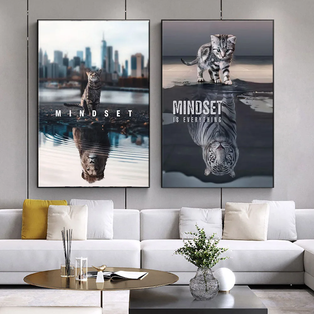 Плакат HD Prints Text Animal Mindset Is Everything Motivational Cat Lion Canvas Painting Wall Art Picture Living Room Home Decor