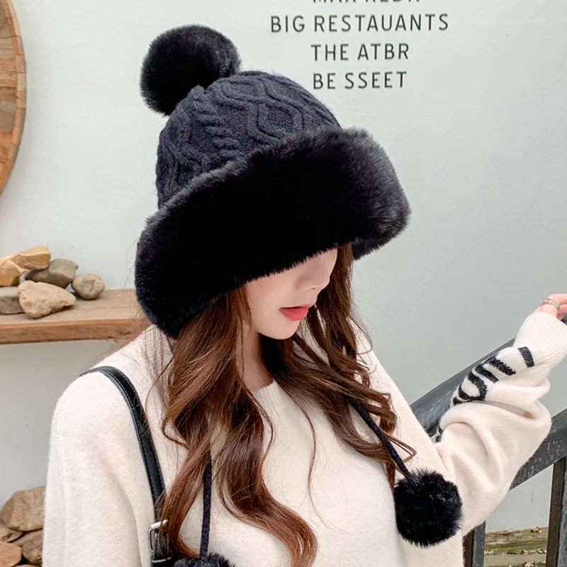 outdoor hot sale girl warm ski 2022 new brand big fur pom poms ball knitted hats set winter women beanie hat thick female free global shipping