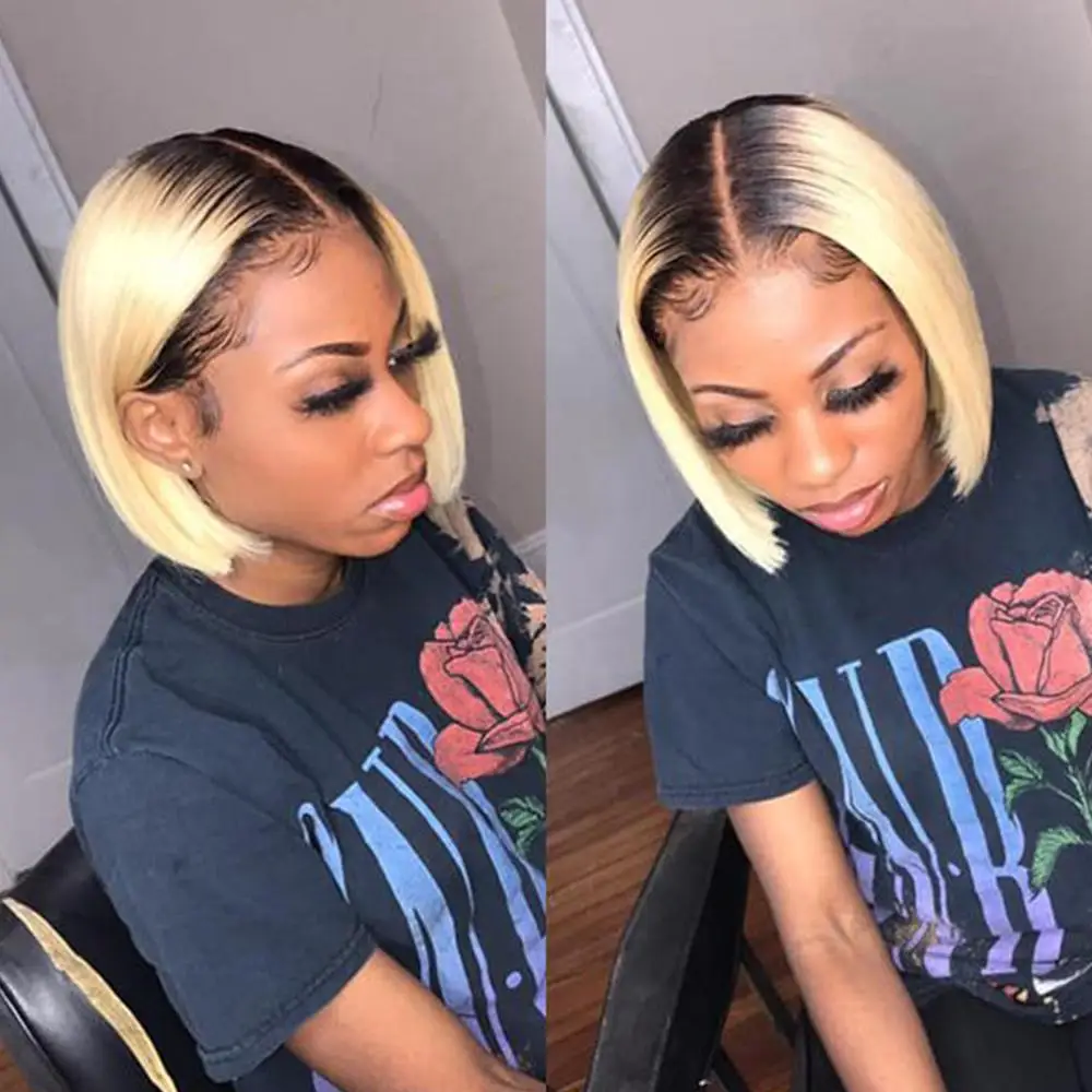 Прямой парик фронта шнурка блонд Боб Humain волосы Megalook Remy Hair13X4 короткие парики из