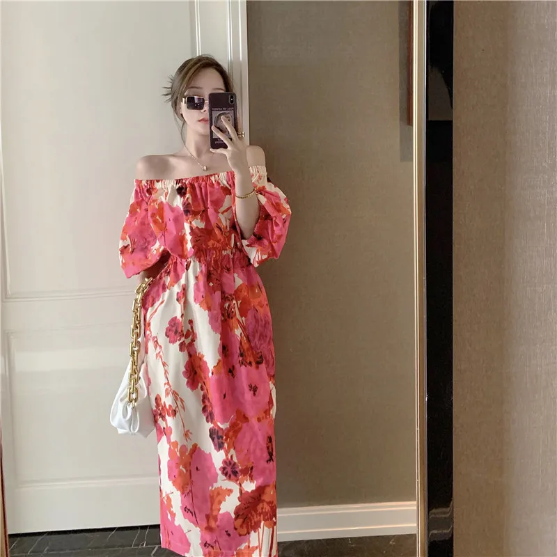 

Floral Print Tie Dye Dress Casual Dress Elastic Waist Sexy Slash Neck Midi Dress Summer Boho Vestidos Maxi Dresses for Women