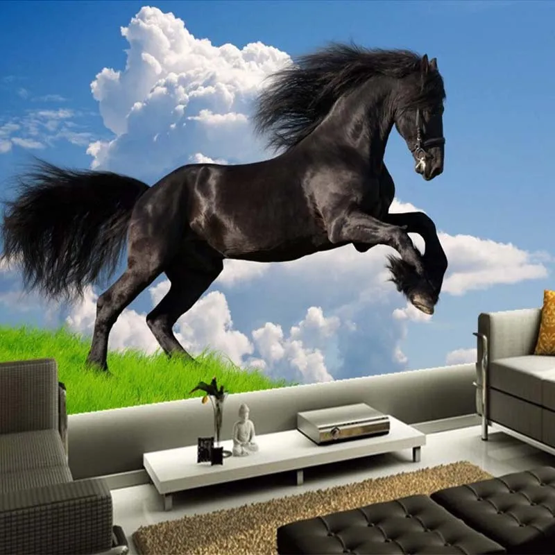 

Dropship Custom 3D Living Room Bedroom Decoration Nature Scenery Blue Sky White Clouds Black Horse Mural Wallpaper Home Decor