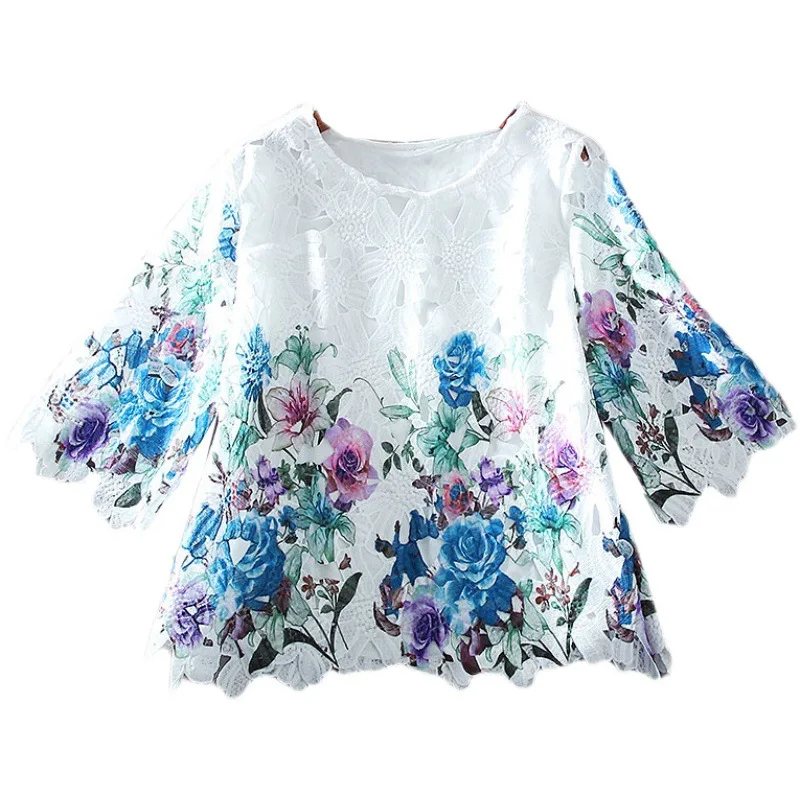

SuperAen 2021 Retro Print Floral Lotus Leaf Side A-Line Loose Lace Hollow Out Shirt Blouse Tops Women