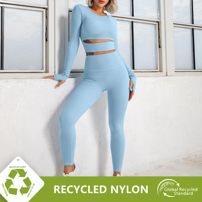 

2Pcs/Set Eco-friendly Recycled Nylon Fitness Legging Gym Sets Women Long Sleeve Top No Camel Toe Leggings Workout Yoga Suits