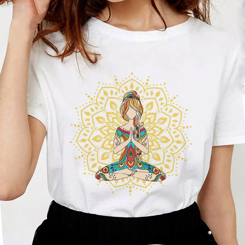

Fashion Yo ga Mandala T shirts Women New Summer chakra energy lotus power centers Zen graphic t shirts Soft Cotton White Tops
