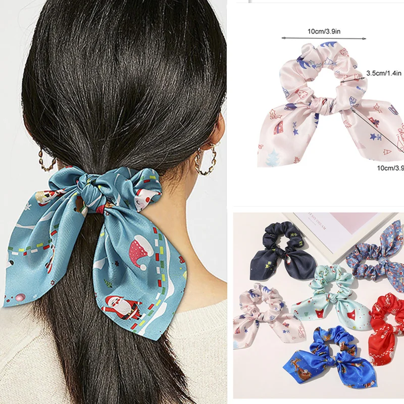 

Santa Claus Print Hair Ties Christmas Hair Scrunchies Rabbit Ears Hair Ring Elastic Hair Rope Xmas Hair Accessories Streamers