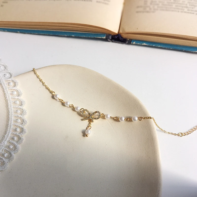 Женский шарм браслет с бантом и жемчугом Высококачественный тонкий цепочка