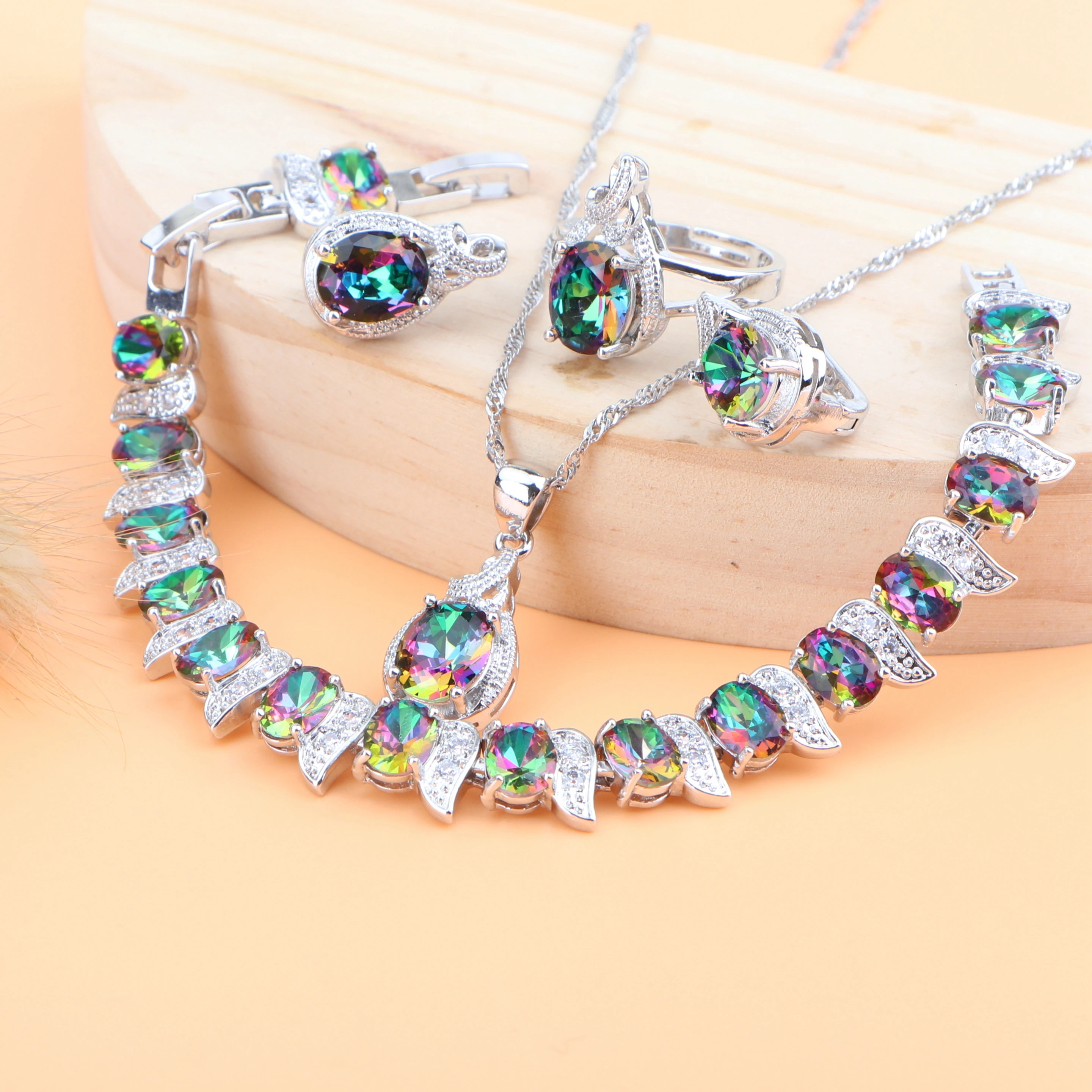 Набор свадебных украшений из серебра 925 пробы с радужным цирконием браслеты