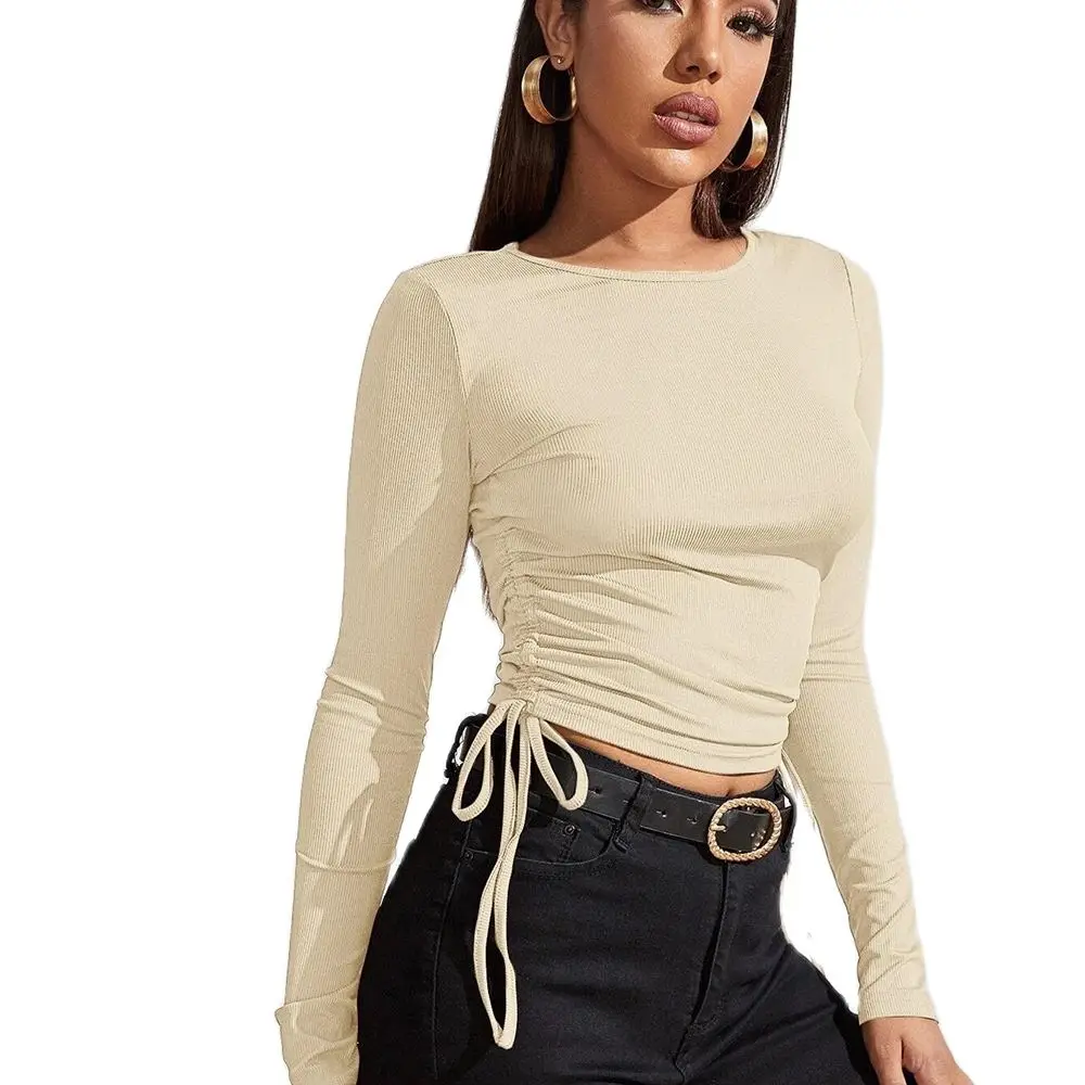 

Женская одежда, осенняя футболка с длинным рукавом, облегающая короткая однотонная повседневная куртка на шнуровке