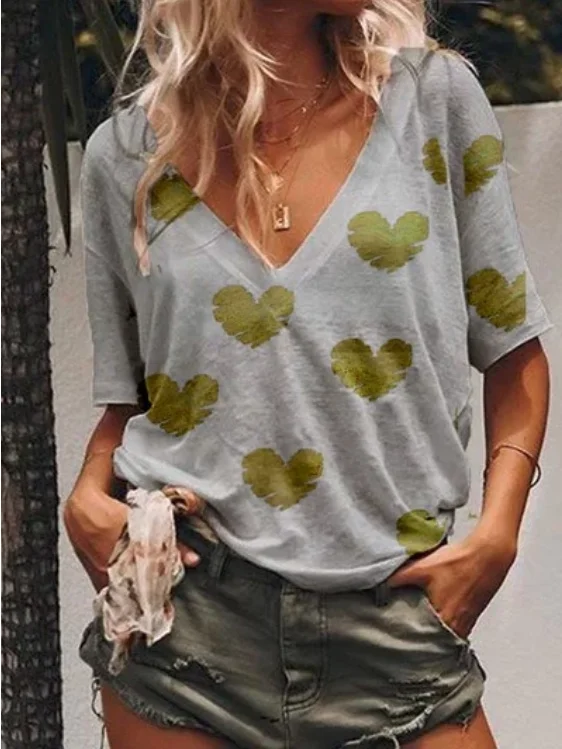 

2020 summer Women T-shirt plus size S-5XL casual V-neck love heart print women's T-shirt top loose short top