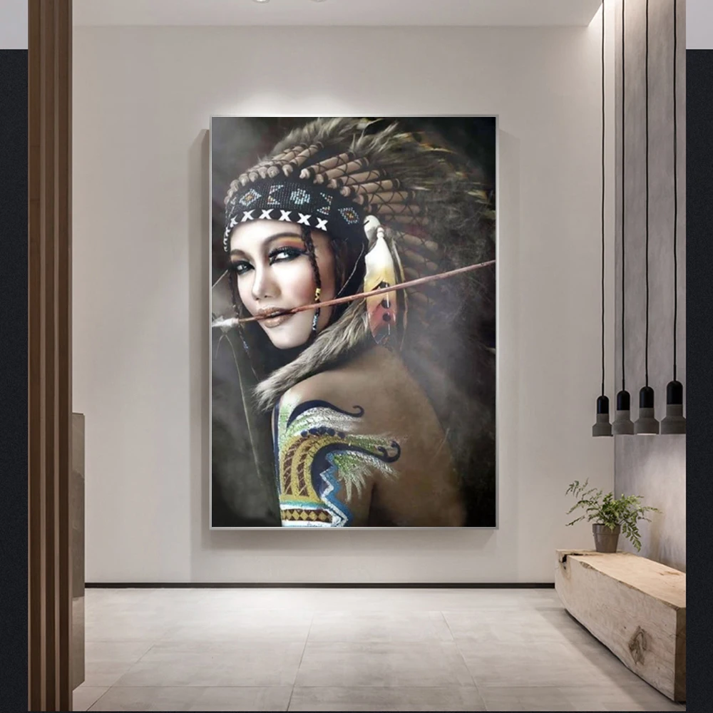 Картина маслом на холсте с изображением индийской женщины и перьев плакаты