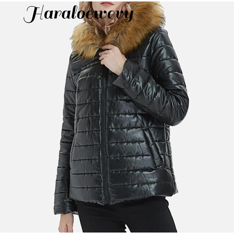 Зимние женские парки из искусственной кожи с воротником искусственного меха на