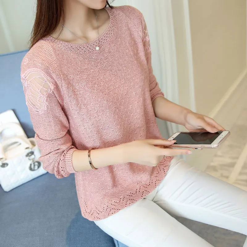 

HED белый полый свитер Женский Повседневный вязаный свитер базовый свитер с длинными рукавами и круглым вырезом, модная, свободная, элегантн...