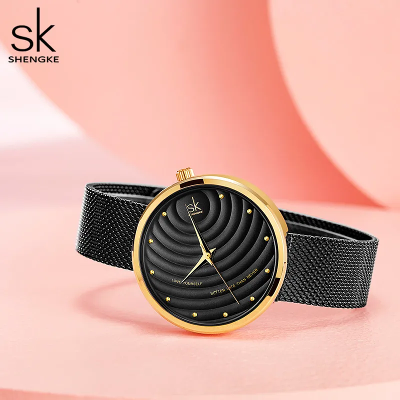 Часы Shengke женские с черным циферблатом креативные водонепроницаемые кварцевые