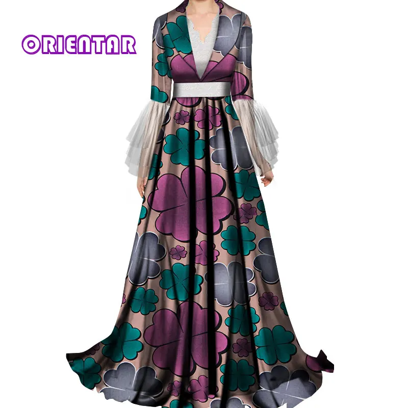 Elegant Lady African Evening Dresses for Women Bazin Riche Lace V-neck African Traditional Wedding Dress African Dress WY5322