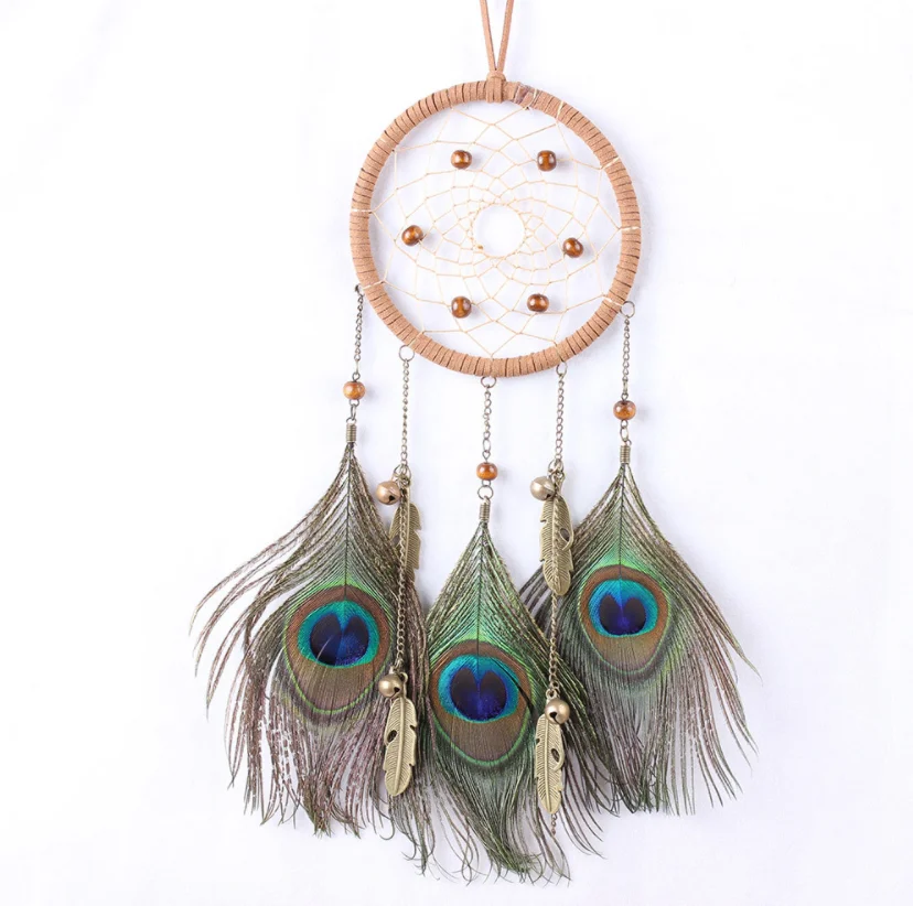 

Peacock feather dream catcher Wind chimes handmade handcraft automobile decoration pendant dreamcather home Decorations art