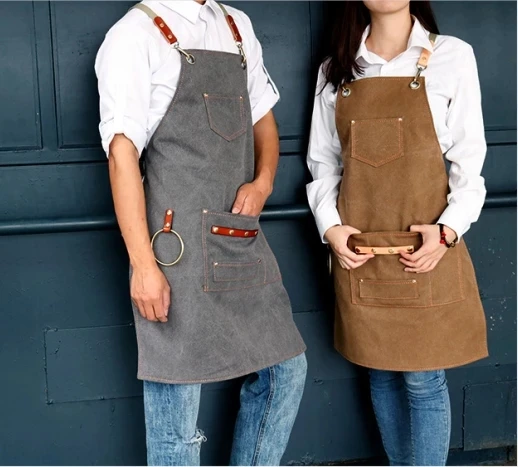 

Canvas Bib Leather Chef Kitchen Apron Women Men Barista Bartender Pockets Home Barber Coffee Restaurant Potective Suit