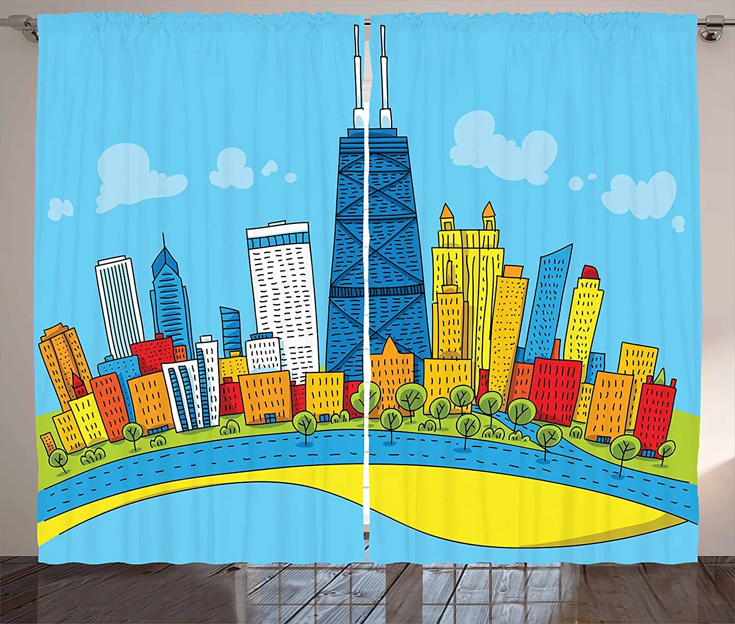 

Chicago Skyline Blackout Curtains Cute Cartoon Style Childish City View with Colorful Buildings Caricature Window Curtain