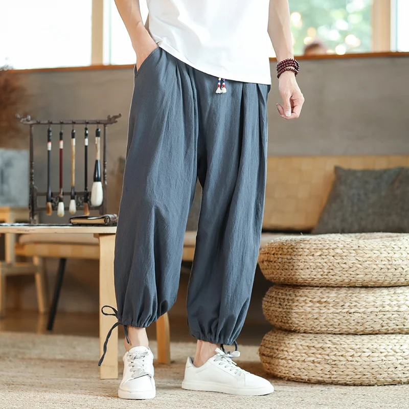 

New Men Harajuku Harem Pants 2021 Mens Summer Cotton Linen Joggers Pants Male Vintage Chinese Style Sweatpants Fashions KK3782