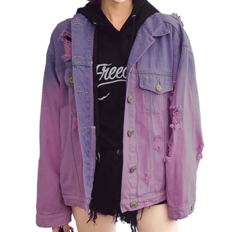 Харадзюку уличный стиль потертая негабаритная Потертая джинсовая куртка для