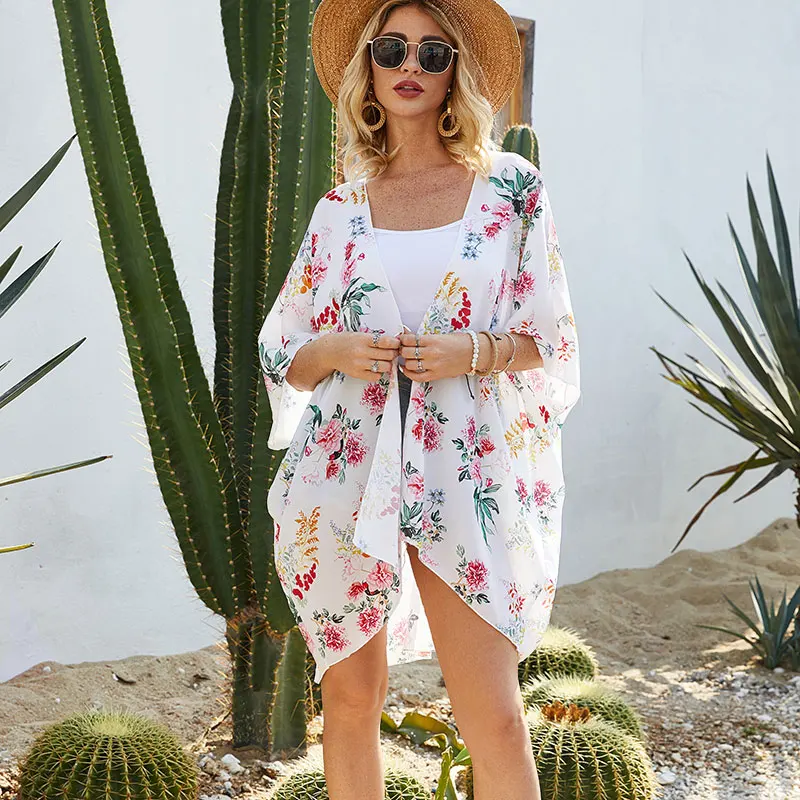 Женское кимоно с цветочным принтом открытая передняя часть пляжная одежда в