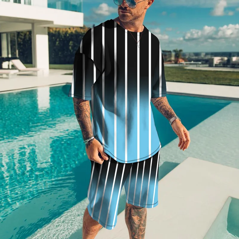 

New Men Sets Tracksuit For Men Tshirt Set Summer Sweatsuit 2 Piece Set Casual Striped Grid Short Sleeve Shirts+Shorts Man Sets