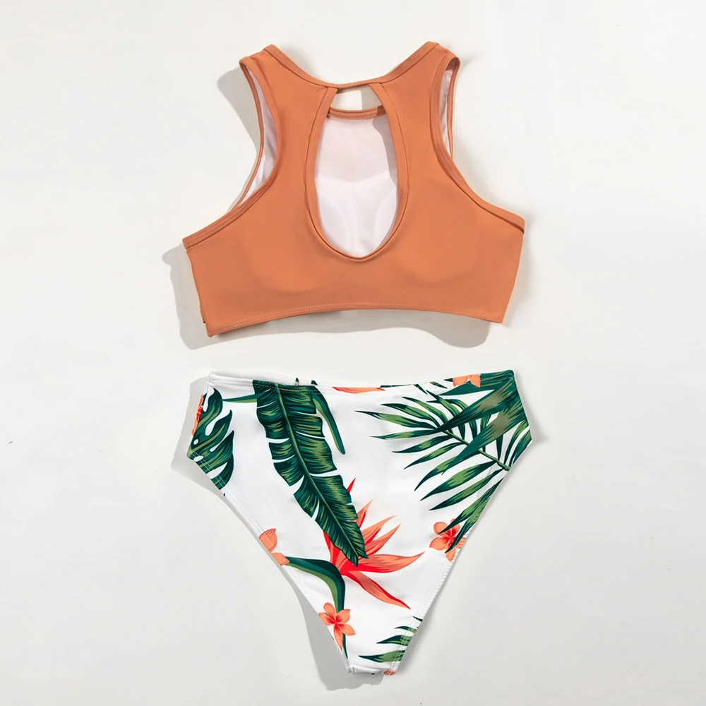

2021 New Sexy High Waist Bikini Set Swimwear Women Strappy Print Floral Swimsuit Girl Swimsuit Backless Leaves biquini