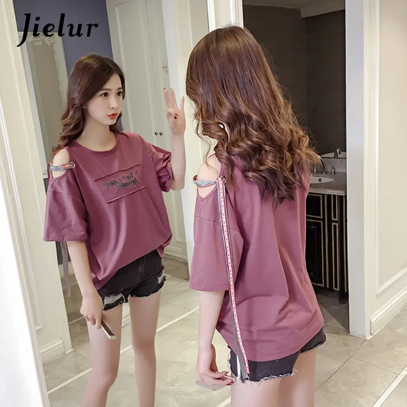 Jielur корейский шнуровка лук без рукавов Цветочные Футболки женские вышитые буквы